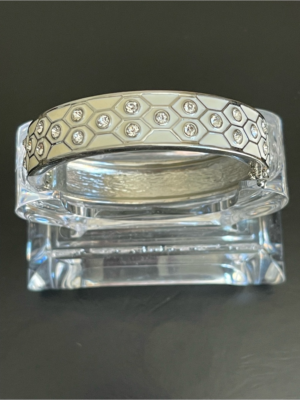 Ann Taylor White Enamel and Crystal Honeycomb Bangle Bracelet